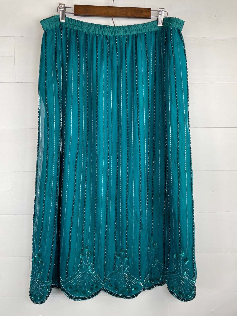 Vintage Pure Allure 100% Silk Beaded Midi Skirt Teal ArtDeco Scalloped Hem XL/1X